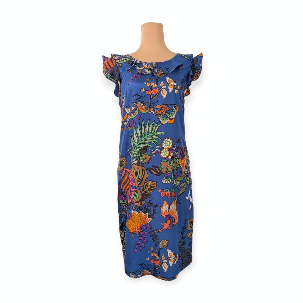J Crew Silk Summer Dress Sz 8 ~ Bright Blue Mod Floral Print ruffle
